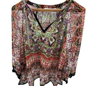 Forbidden‎ Los Angeles Paisley Multicolor Sheer Boho Tunic Top 1X
